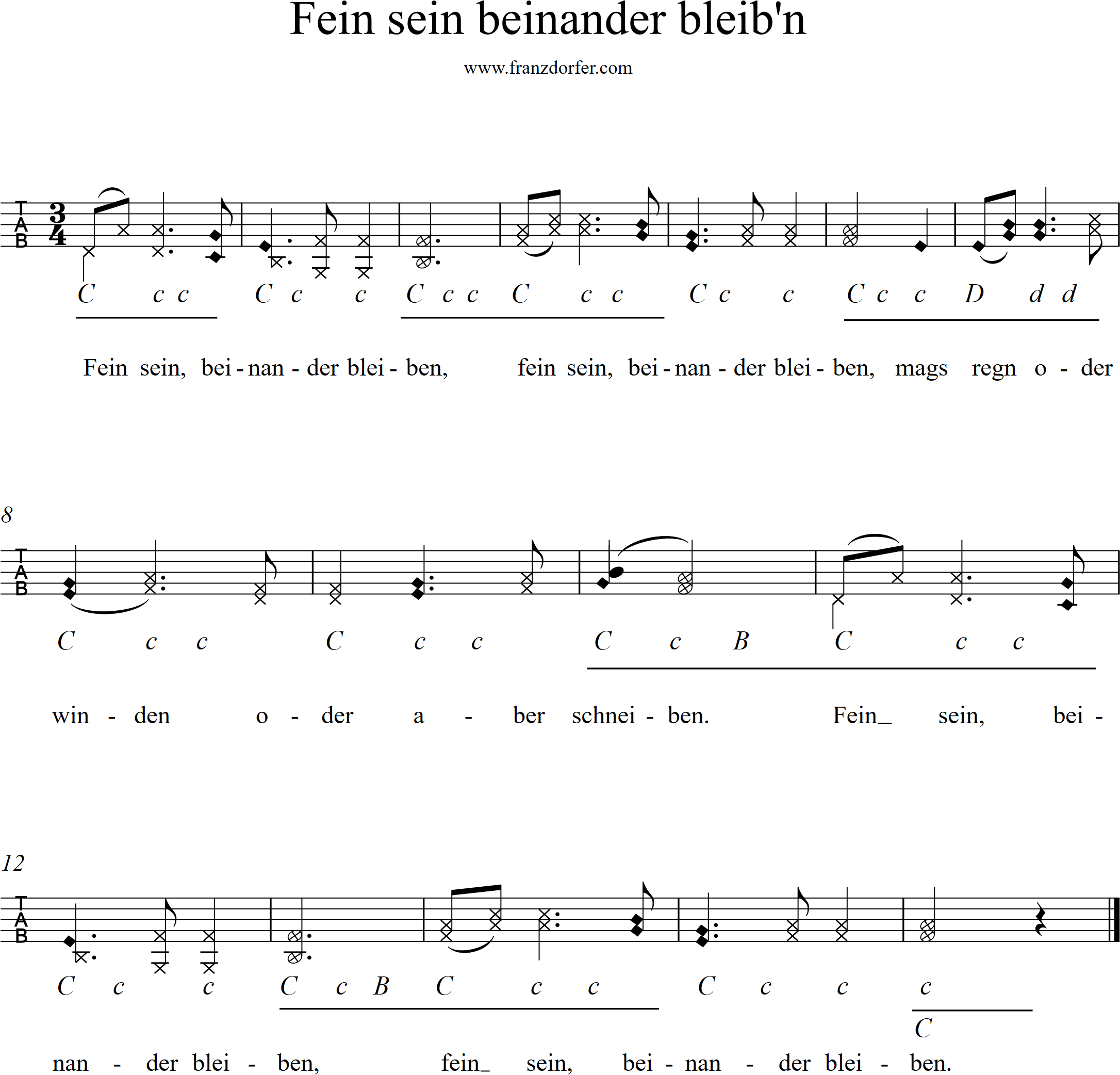 Fein sein beinander bleiben, Griffschrift auf der 3.Reihe